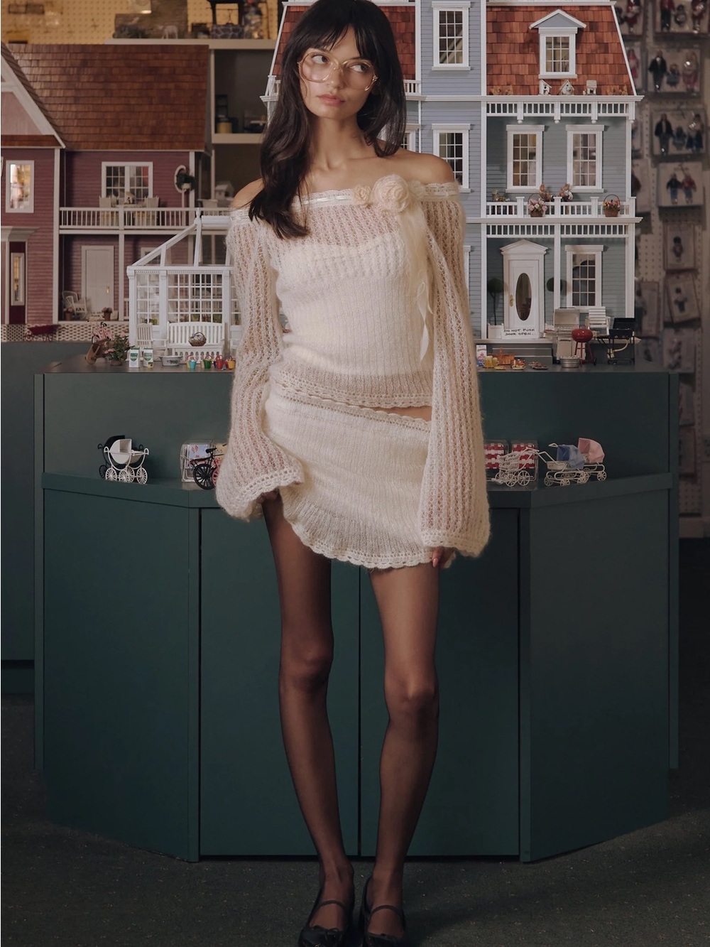 Mirror Palais Soft Knit Off-Shoulder Sweater & Mini Skirt Set in Cream